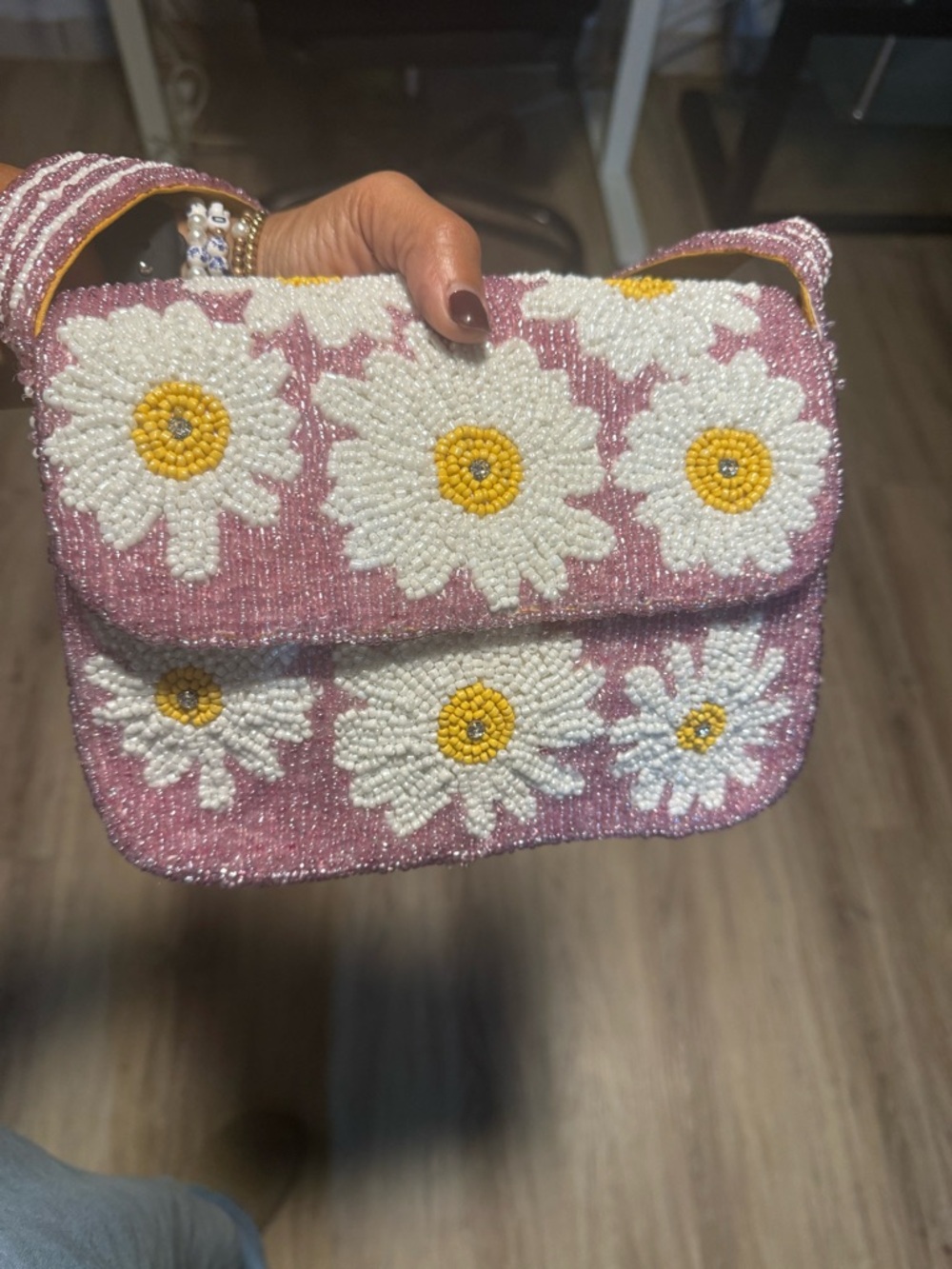 Pink Beaded Daisy Shoulder Bag with White & Yellow Floral Appliqué
